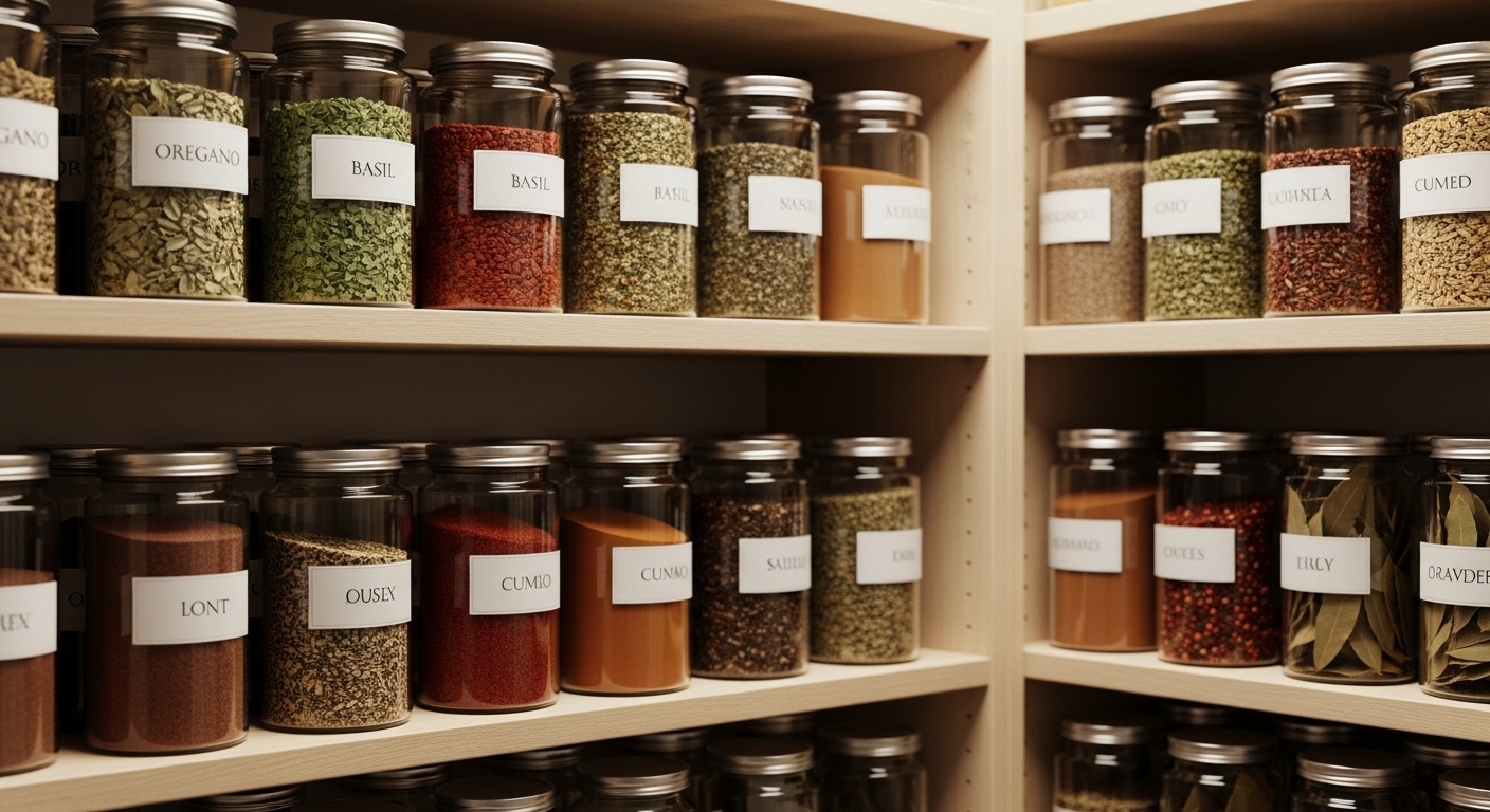 Kệ bếp ngăn nắp với các lọ gia vị khô dán nhãn rõ ràng, minh họa mẹo vặt nhà bếp để giữ không gian sạch và tiện lợi.