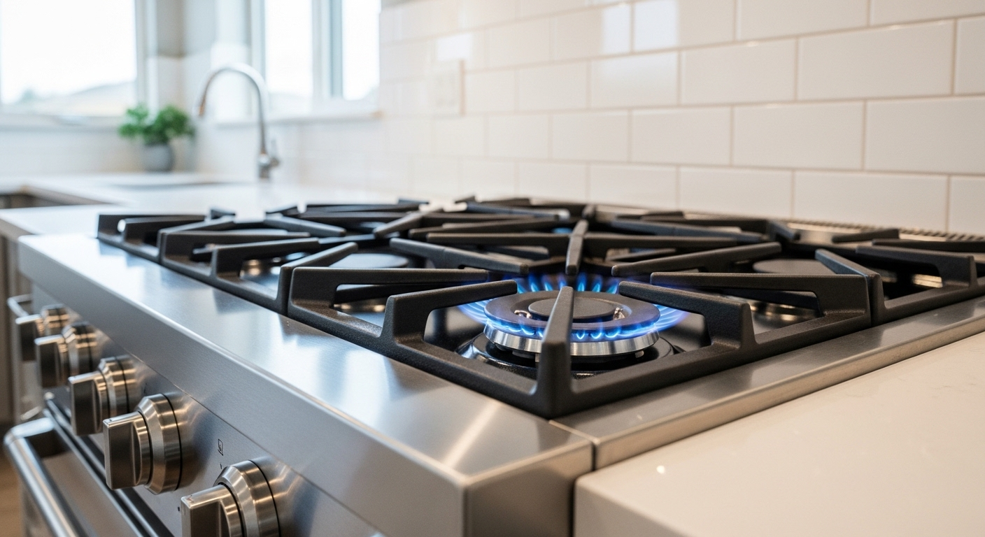 Bếp ga inox sáng bóng, kiềng sạch không tì vết với ngọn lửa xanh đều, minh chứng cho hiệu quả của dịch vụ vệ sinh bếp ga tại nhà chuyên nghiệp.