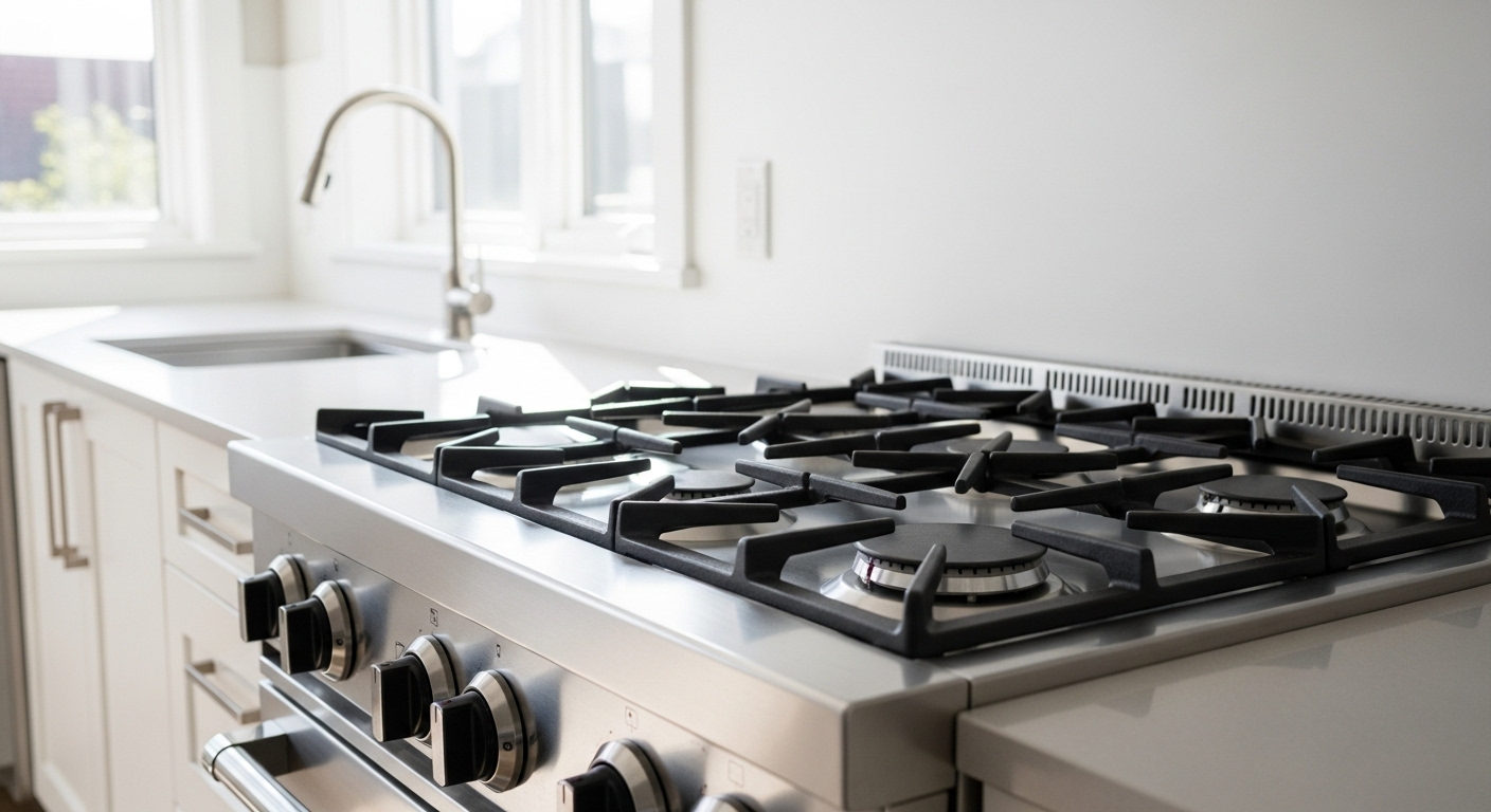 Bếp ga sạch bóng, kiềng đen và núm bạc sáng loáng trong bếp hiện đại, minh chứng cho cách làm sạch bếp ga hiệu quả.