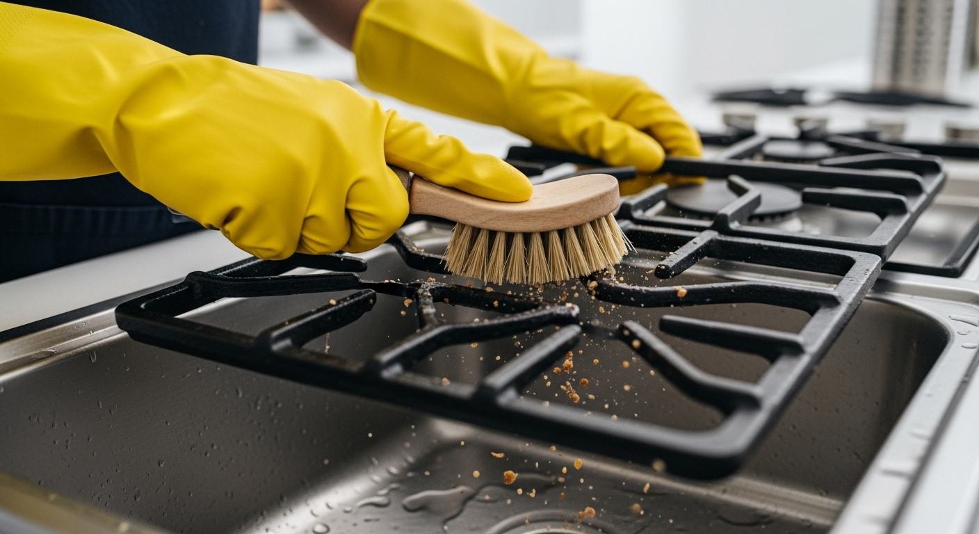 Đôi tay đeo găng vàng đang dùng bàn chải cọ rửa kỹ lưỡng vỉ bếp gas bị bám bẩn, minh họa cách vệ sinh bếp gas sạch sẽ.