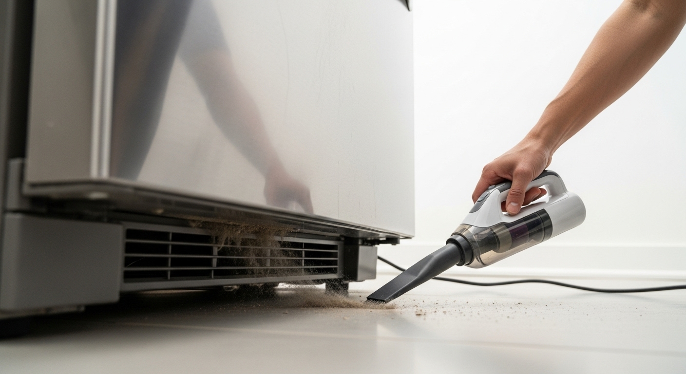 Hình ảnh một người đang dùng máy hút bụi mini làm sạch bụi bẩn dưới gầm tủ lạnh thép không gỉ, minh họa một bước quan trọng trong cách vệ sinh tủ lạnh lâu ngày không dùng hiệu quả.