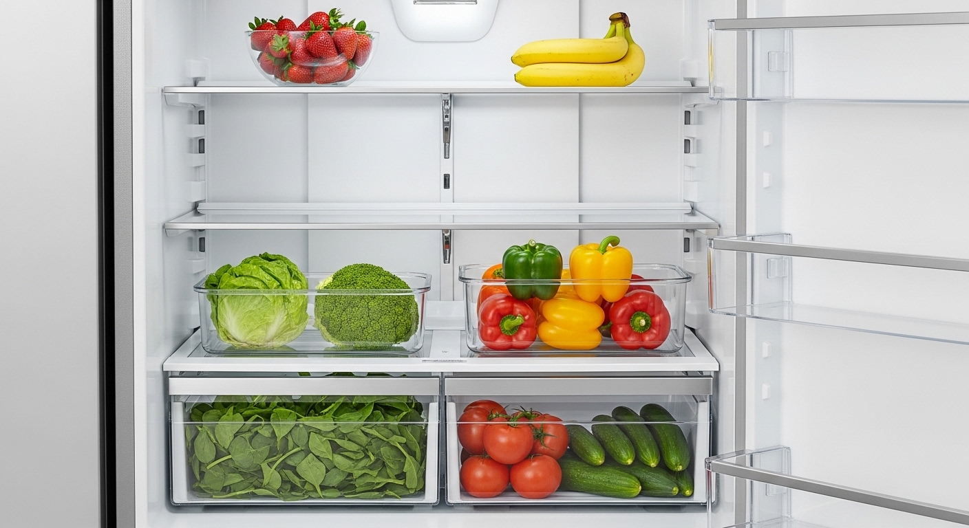 Nội thất tủ lạnh sạch tinh tươm, ngăn nắp với kệ kính sáng bóng và rau củ quả tươi xanh xếp gọn gàng. Đạt được không gian lý tưởng này bằng cách vệ sinh tủ lạnh tại nhà hiệu quả.