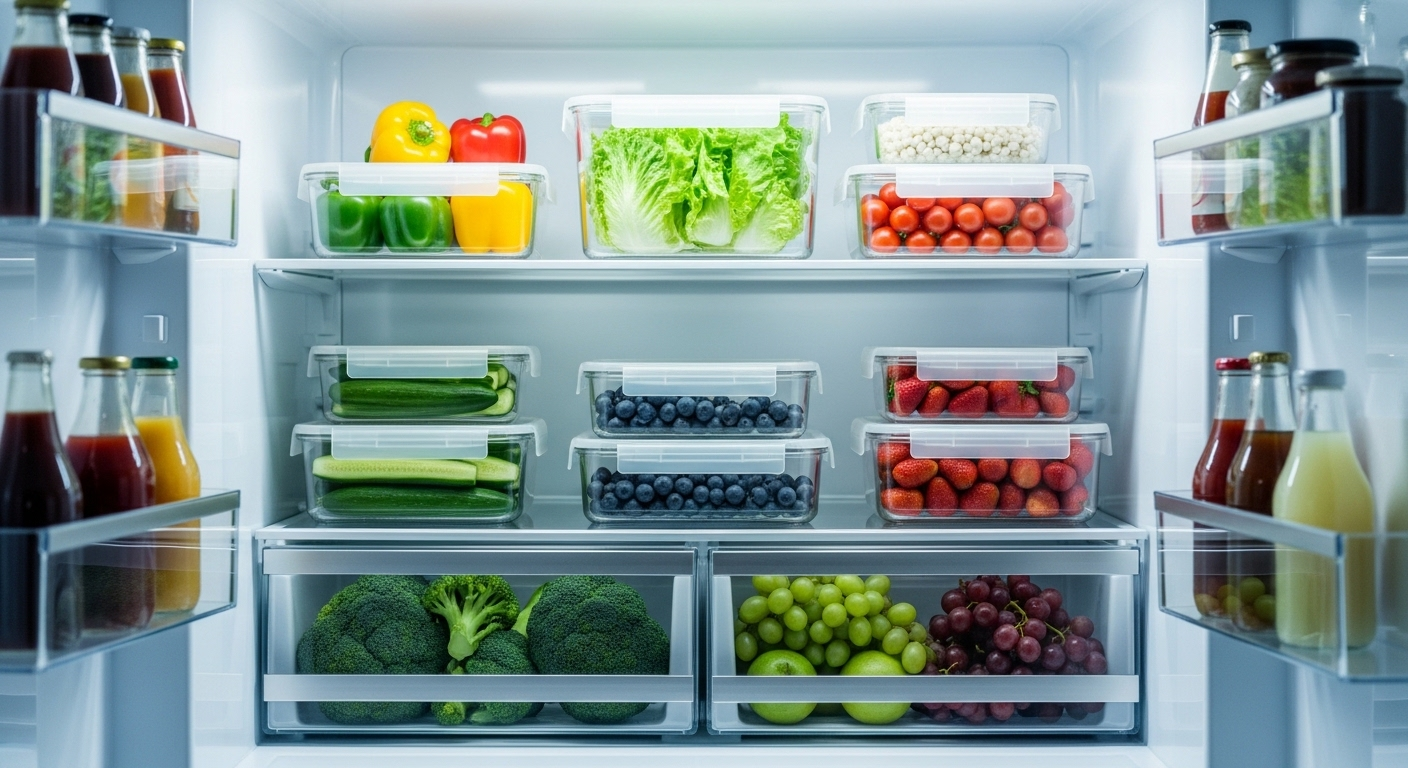 Bên trong tủ lạnh sáng bóng, ngăn nắp với rau củ quả tươi trên kệ kính, minh họa hiệu quả của việc vệ sinh tủ lạnh thường xuyên.