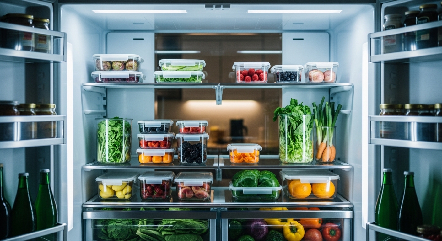 Bên trong tủ lạnh sạch bóng, ngăn nắp với rau củ quả tươi ngon trong hộp trong suốt. Hình ảnh minh họa một cách làm sạch tủ lạnh hiệu quả.