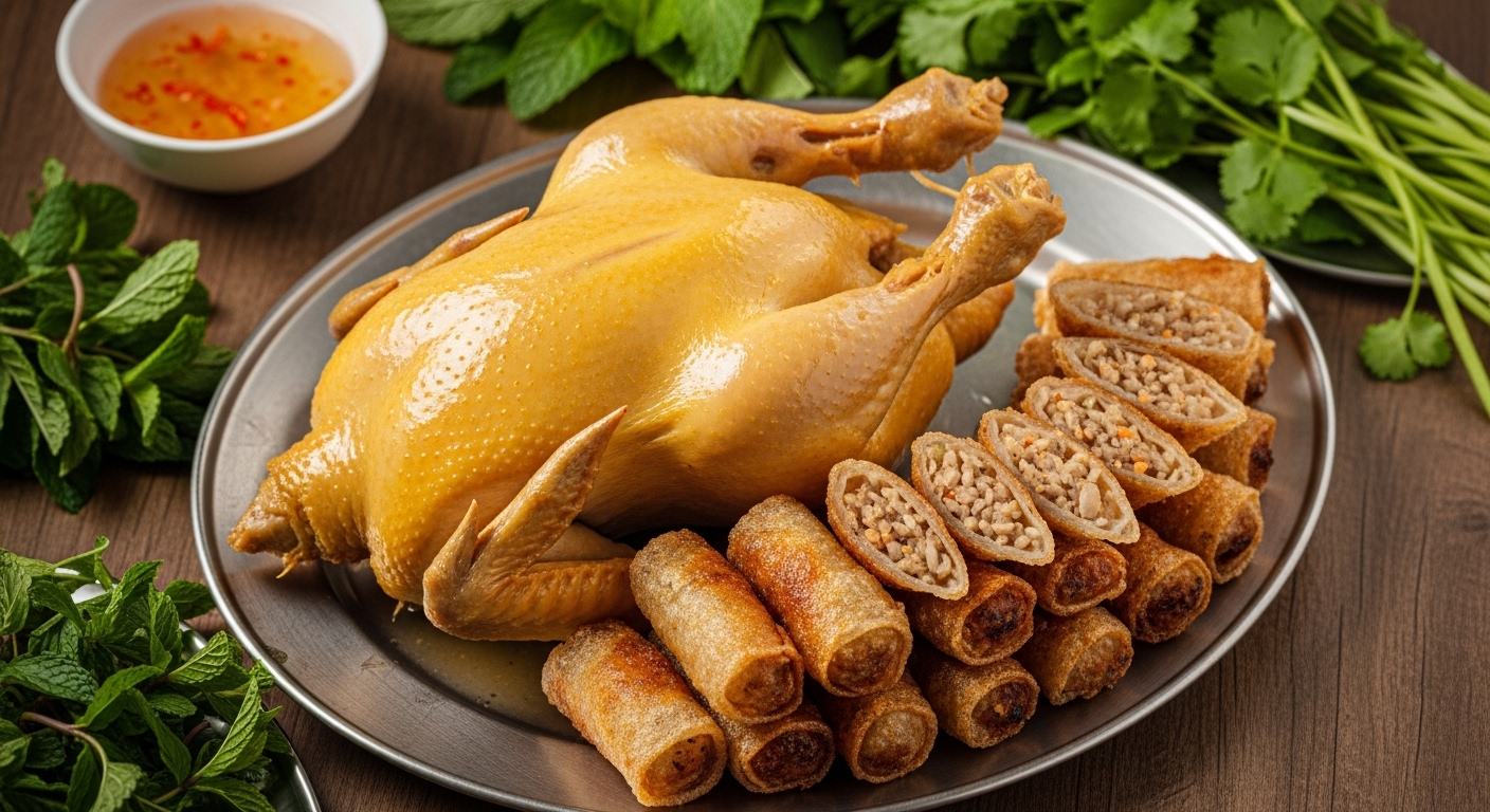 Gà luộc vàng ươm và nem rán giòn rụm trên mâm, những món ăn ngày Tết truyền thống thơm ngon, kèm rau xanh tươi.