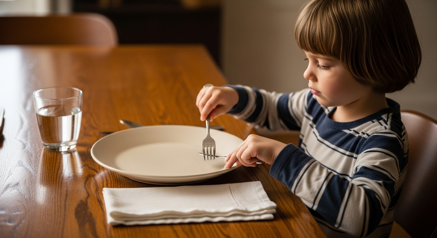 Bé 4-5 tuổi đặt nĩa cạnh đĩa sứ trên bàn ăn gỗ dưới ánh sáng ấm áp, minh họa việc dạy con làm việc nhà từ nhỏ.