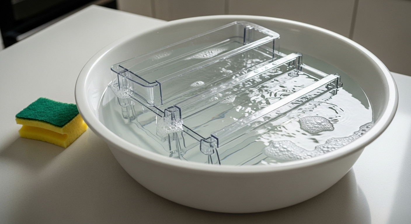 Kệ và ngăn kéo tủ lạnh bằng nhựa trong suốt đang ngâm trong chậu nước ấm pha xà phòng nhẹ trên bàn bếp sạch, cạnh đó là miếng bọt biển.