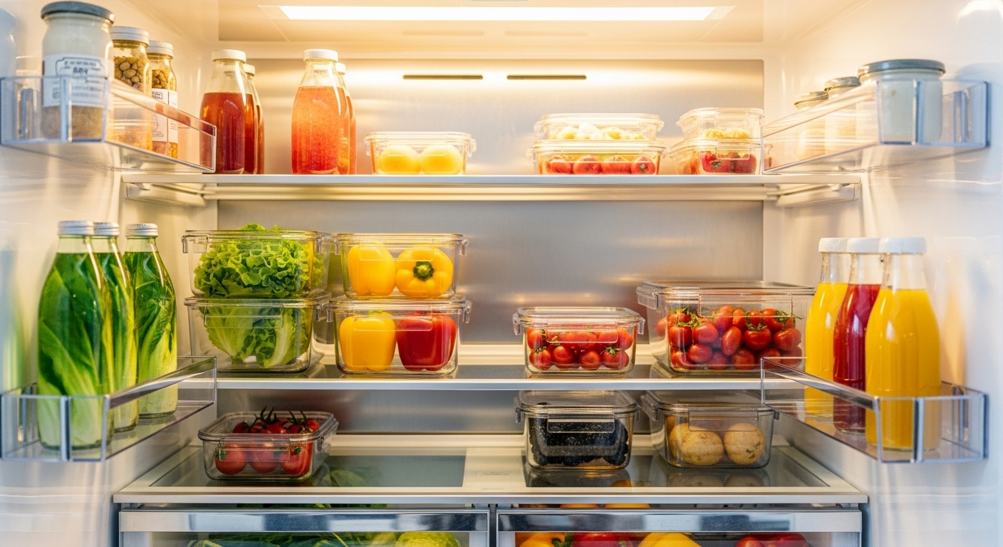Bên trong tủ lạnh sạch tinh tươm, rau củ quả tươi ngon sắp xếp gọn gàng, minh họa cách vệ sinh tủ lạnh hiệu quả.