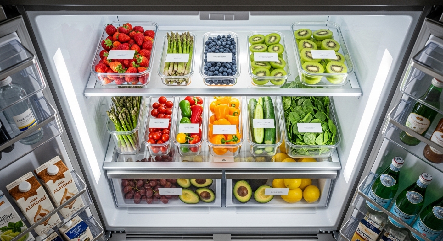 Nội thất tủ lạnh hiện đại sạch sẽ, ngăn nắp với rau củ tươi trong hộp. Minh họa hiệu quả cách vệ sinh tủ lạnh và bảo quản thực phẩm.
