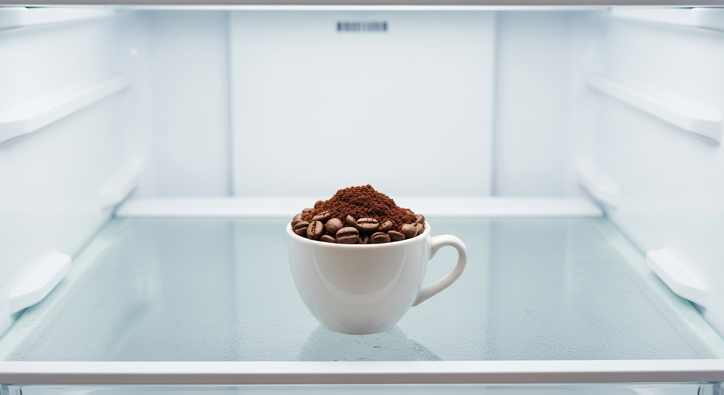 Cốc sứ trắng trang nhã đựng hạt và bột cà phê rang đậm trên kệ kính trong tủ lạnh mở, sạch sẽ – một mẹo hay cho cách khử mùi hôi tủ lạnh hiệu quả.