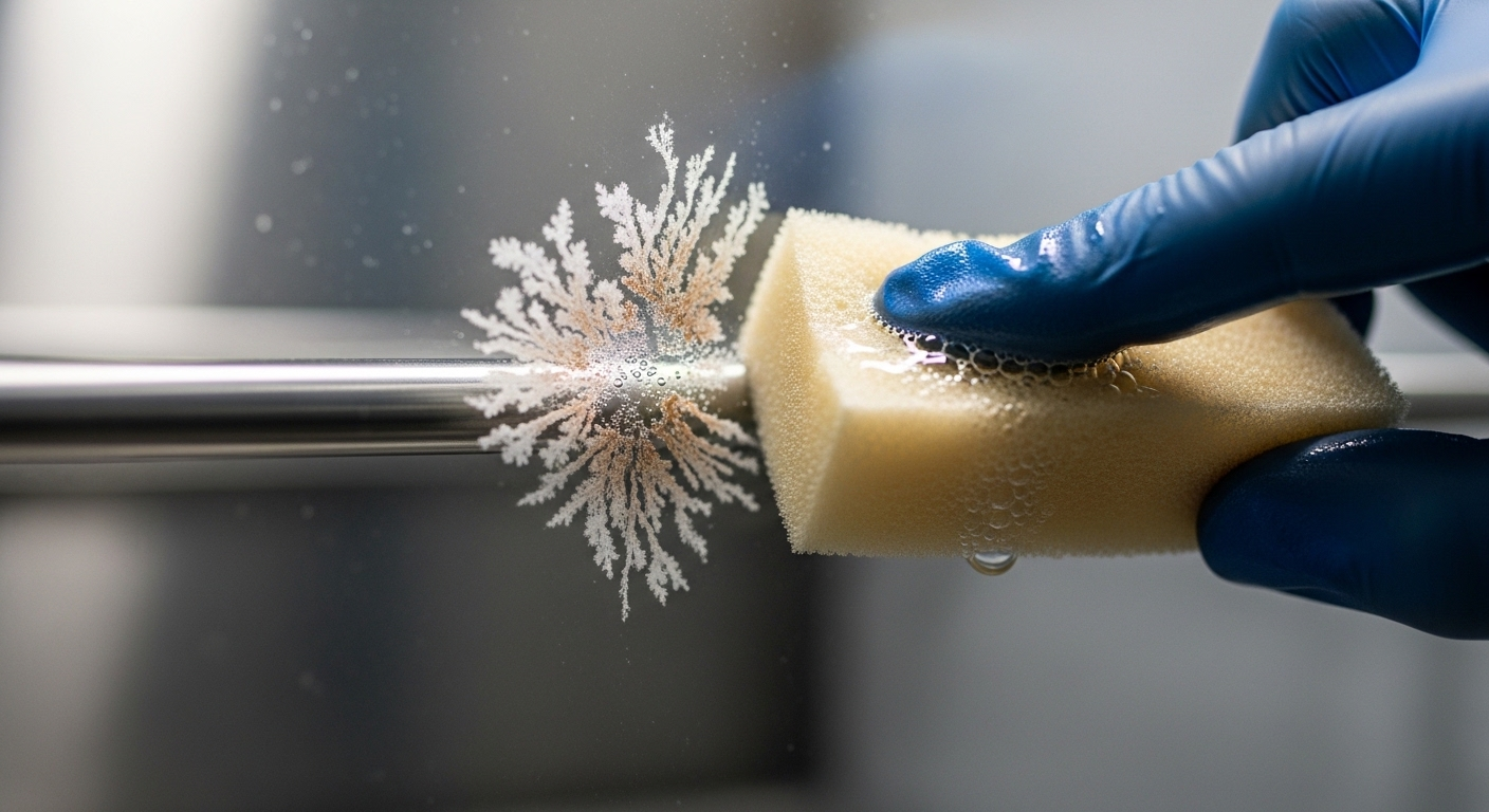 Làm sạch cửa tủ lạnh công nghiệp bằng bọt biển và dung dịch tự nhiên, loại bỏ vết cặn nước khô trên kính.