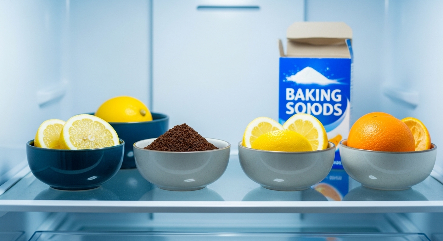 Bên trong tủ lạnh mở sạch sẽ với chanh, cà phê, vỏ cam và baking soda được sắp xếp gọn gàng, thể hiện cách vệ sinh tủ lạnh hiệu quả để khử mùi và giữ không gian tươi mát.