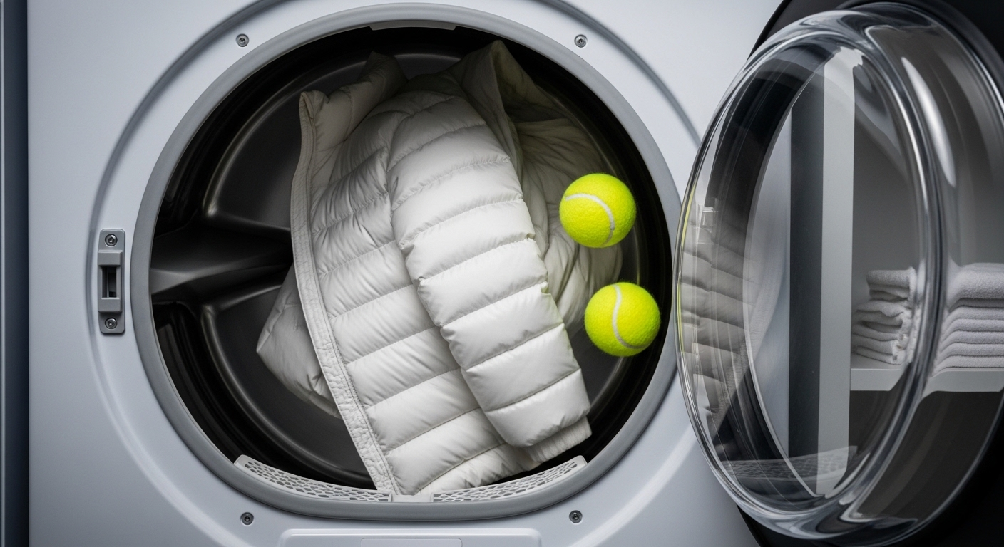 Áo khoác phao trắng và hai quả bóng tennis vàng đang quay trong máy sấy quần áo hiện đại có cửa trong suốt, minh họa bí quyết làm việc nhà giúp sấy khô và làm phồng đồ hiệu quả.