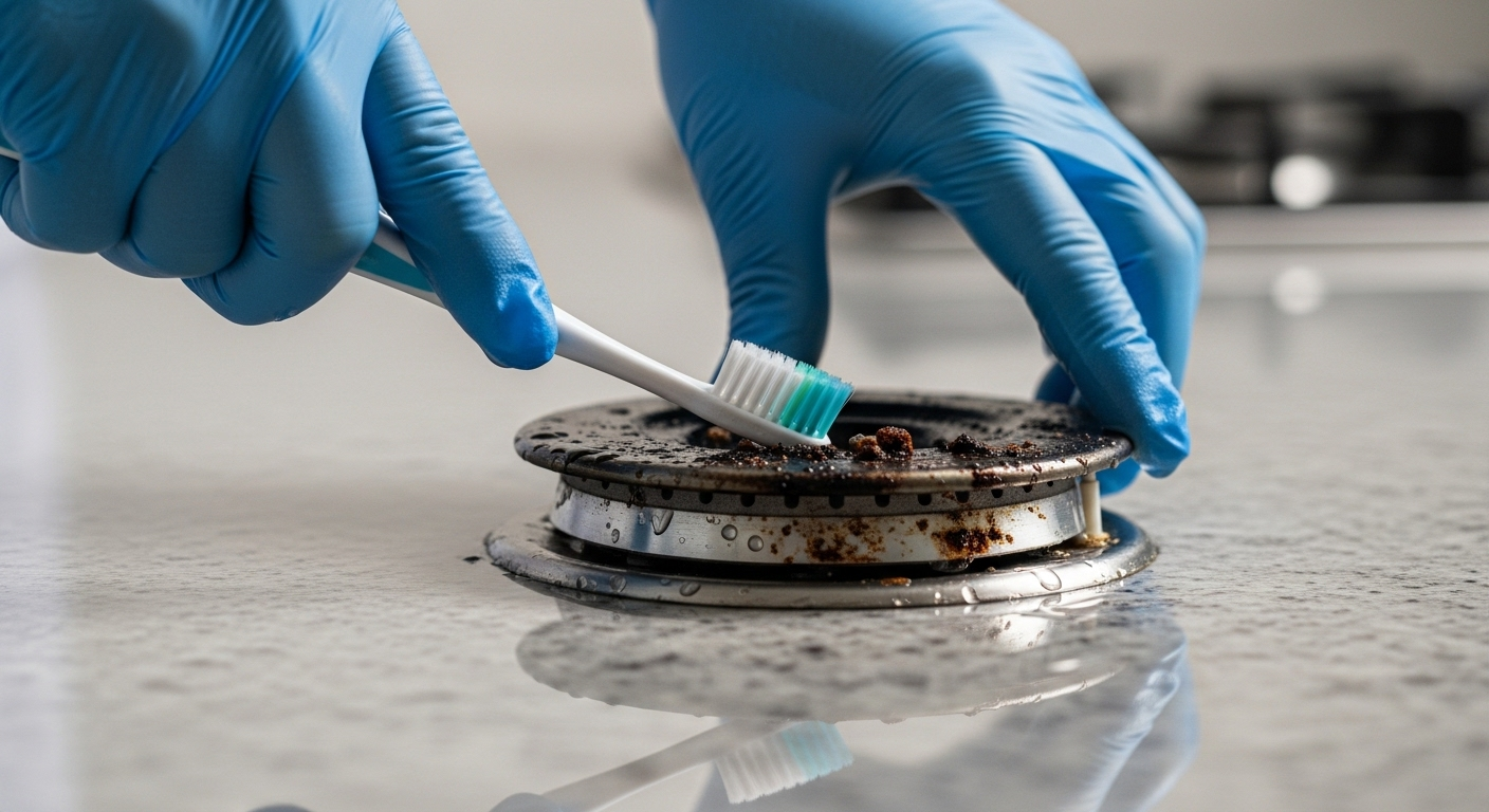 Bàn tay đeo găng dùng bàn chải mềm cọ rửa nắp đầu đốt bếp ga dính cặn bẩn trên nền bàn bếp sạch.