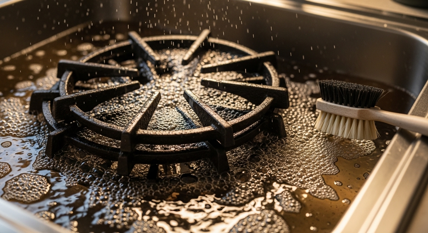 Kiềng bếp ga gang đang ngâm trong bồn nước ấm xà phòng, sẵn sàng được cọ rửa.