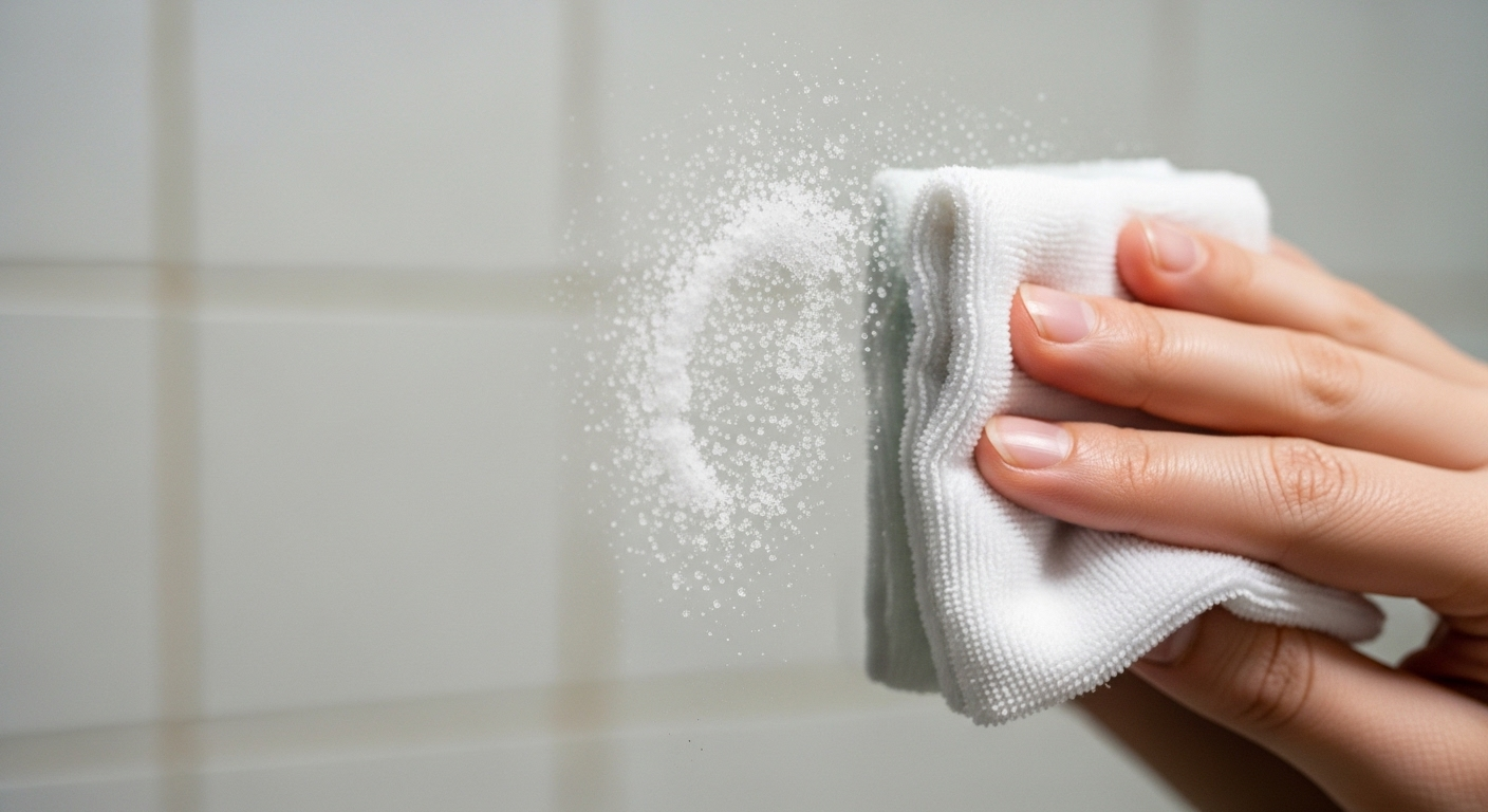 Vải trắng ẩm và muối đang nhẹ nhàng lau sạch các vết ố mờ trên gương nhà tắm, minh họa cách vệ sinh gương nhà tắm hiệu quả.