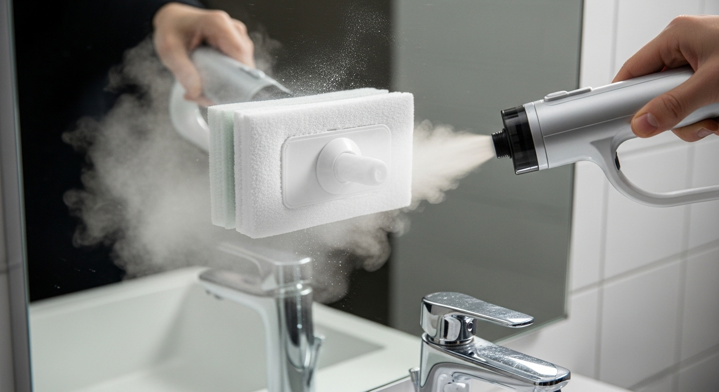 Máy hơi nước cầm tay với khăn microfiber đang tạo hơi nước làm sạch gương phòng tắm, minh họa cách vệ sinh gương phòng tắm hiệu quả loại bỏ vết bẩn.