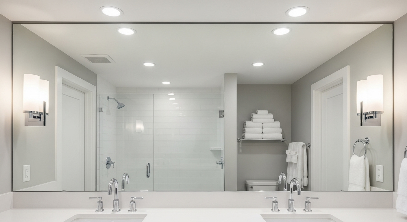 Gương nhà tắm sạch bóng, phản chiếu hoàn hảo không một vết ố, minh chứng cho hiệu quả của cách làm sạch gương nhà tắm đúng chuẩn. Gương nhà tắm sạch bóng, phản chiếu hoàn hảo không một vết ố, minh chứng cho hiệu quả của cách làm sạch gương nhà tắm đúng chuẩn.