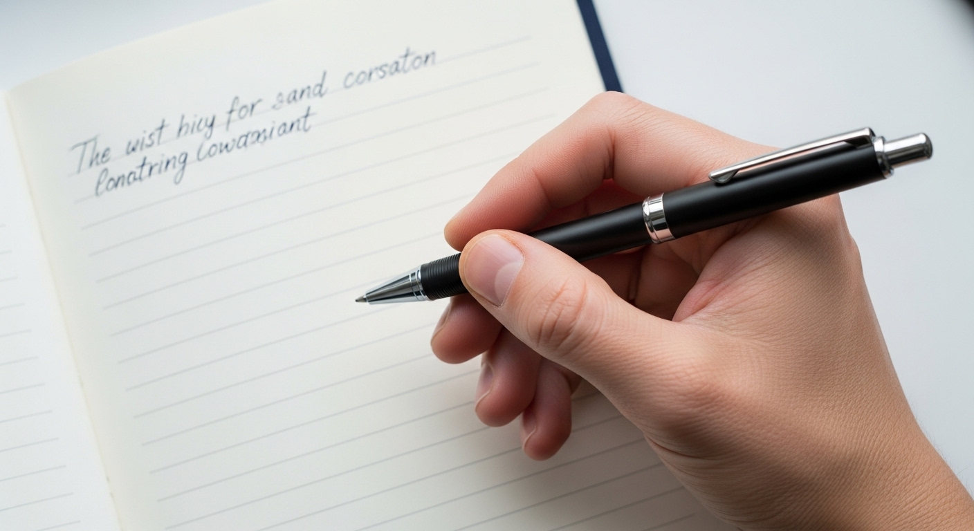 Góc nhìn từ trên xuống, bàn tay đang cầm bút chuẩn bị viết tiếp vào phần bài viết trống trên trang sổ tay đã có sẵn một phần nội dung.