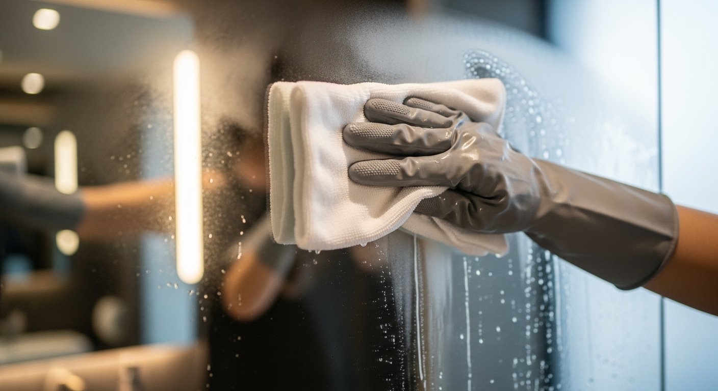 Bàn tay đeo găng xám dùng khăn microfiber ẩm lau gương nhà tắm sạch bóng, thể hiện cách làm sạch gương nhà tắm đơn giản và hiệu quả.