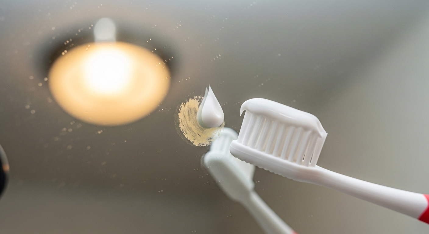 Cận cảnh bàn chải đánh răng thoa kem lên vết ố vàng trên gương, minh họa cách làm sạch gương phòng tắm hiệu quả.
