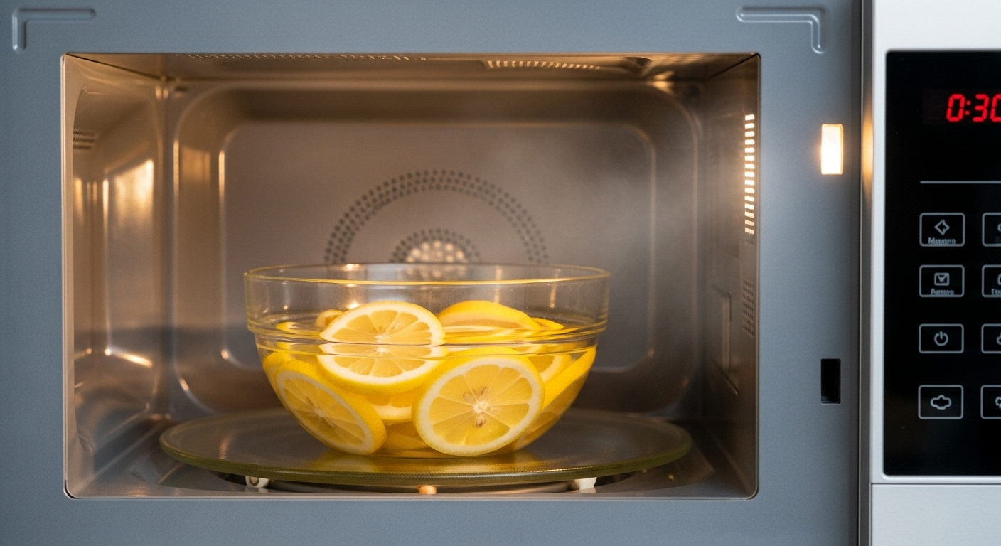 Bát thủy tinh đựng chanh thái lát và nước bên trong lò vi sóng hiện đại, với hơi nước bám nhẹ trên thành. Một mẹo vặt gia đình hiệu quả để vệ sinh lò vi sóng.