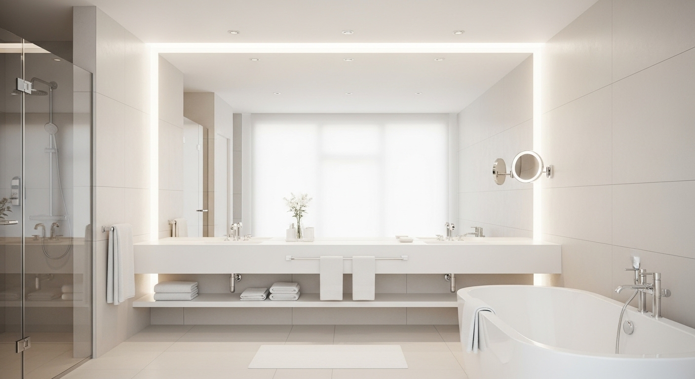 Gương nhà tắm lớn, sáng bóng như pha lê trong phòng tắm hiện đại, phản chiếu không gian. Minh họa tuyệt vời về kết quả của cách làm sạch gương nhà tắm giúp gương luôn trong veo, tăng cảm giác rộng rãi và sạch sẽ.