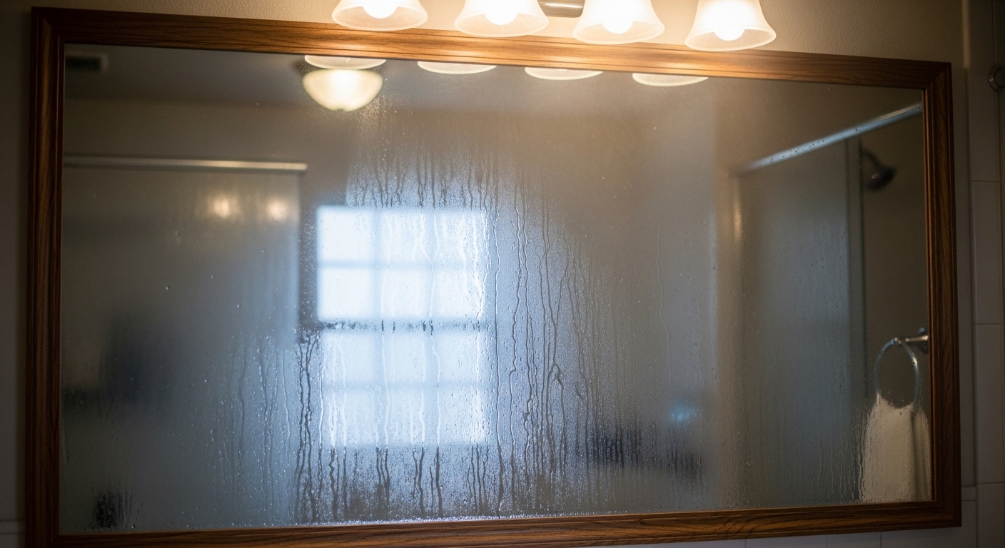 Gương phòng tắm chữ nhật mờ hơi nước sau tắm nóng, phản chiếu mờ ảo, gợi nhắc đến việc vệ sinh định kỳ và làm sạch gương bị mốc để duy trì sự trong trẻo.