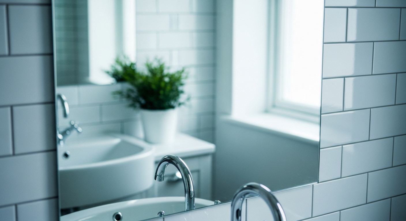 Gương nhà tắm sạch bóng không tì vết, phản chiếu rõ nét không gian sáng sủa – kết quả hoàn hảo cho những ai tìm kiếm cách làm sạch gương nhà tắm bị ố vàng.