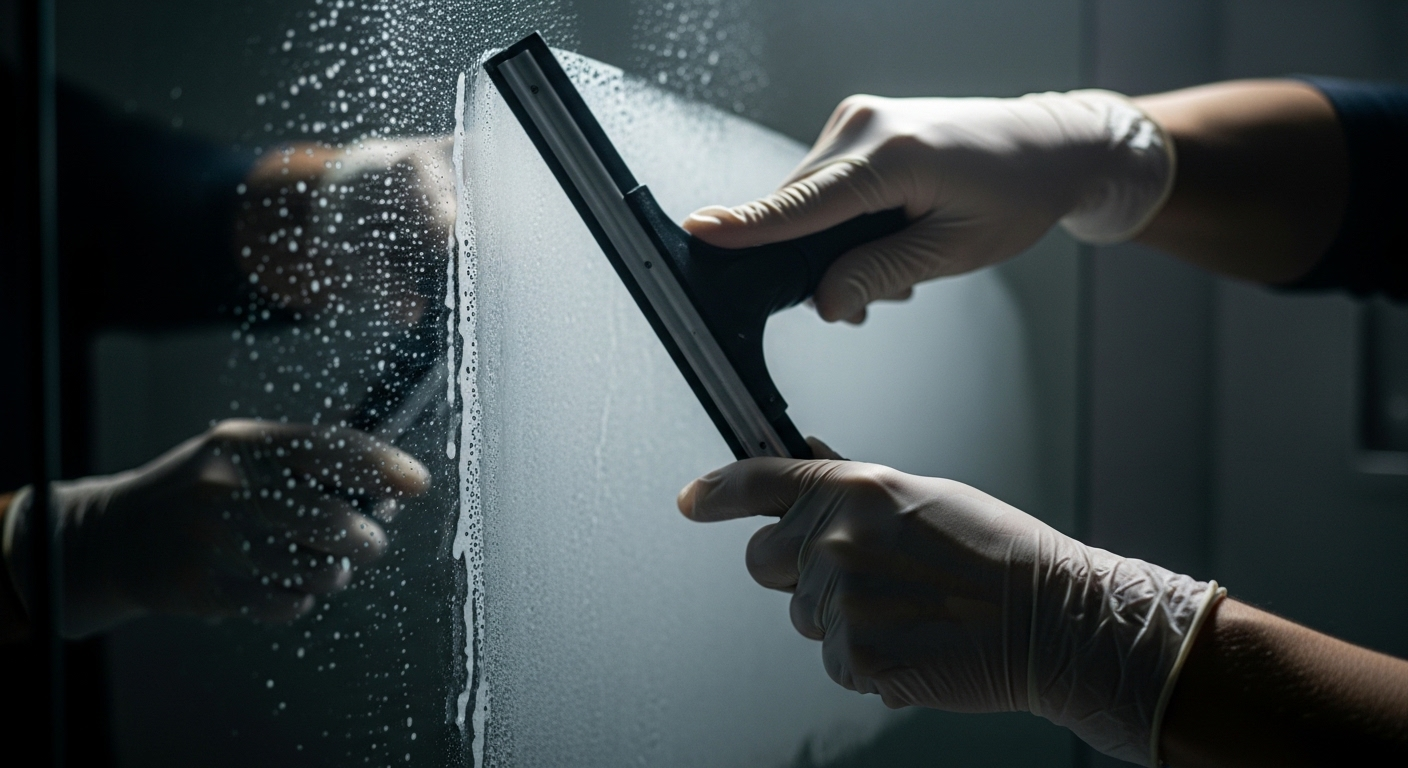 Bàn tay đeo găng khéo léo dùng cây gạt nước làm sạch gương nhà tắm, tạo bề mặt sáng bóng không vệt ố.