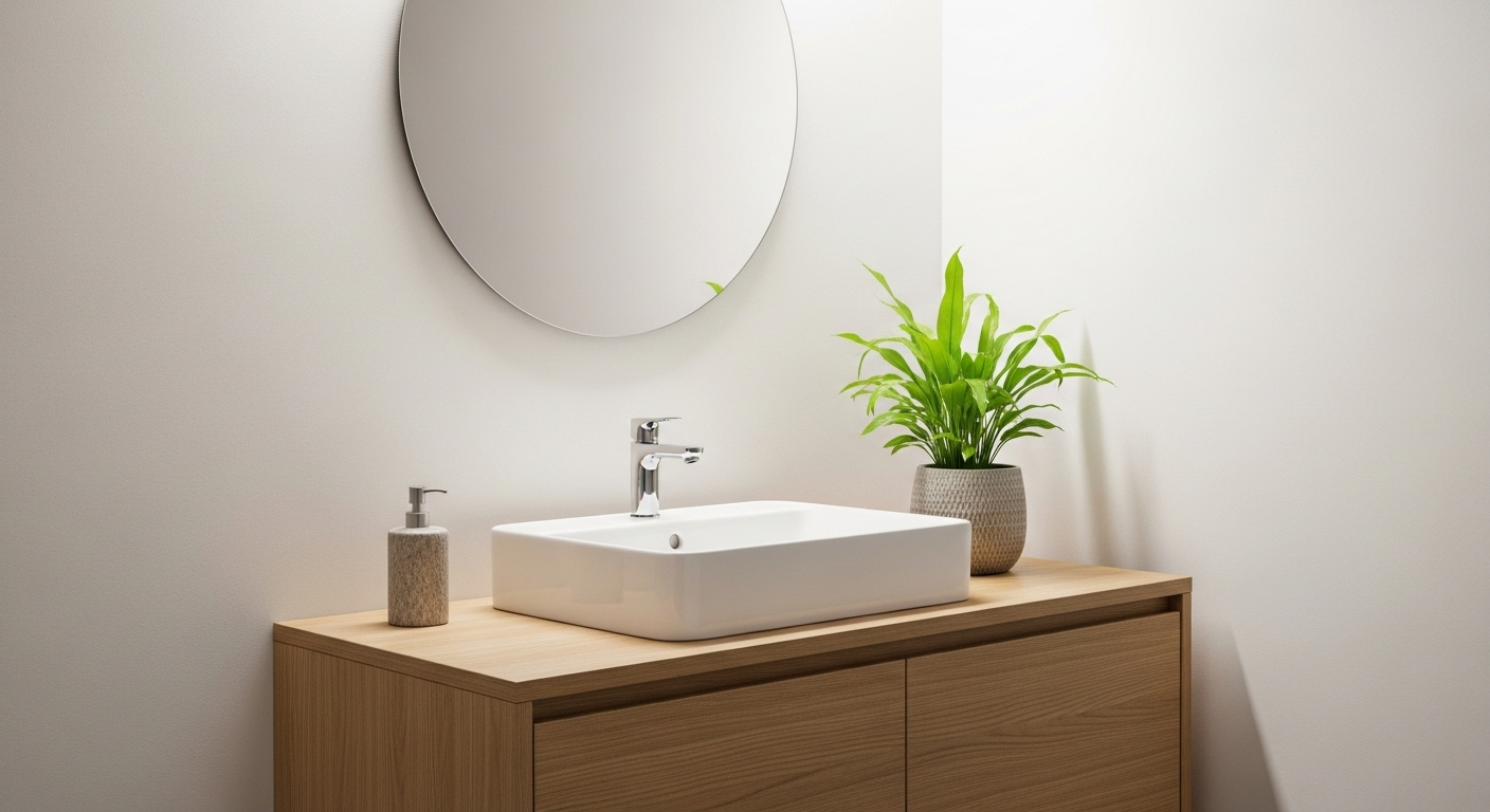 Phòng tắm phong cách Japandi tối giản với tủ gỗ sáng, bồn rửa sứ, gương tròn và cây xanh, thể hiện sự tinh tế trong thiết kế nội thất nhà ở hiện đại, cùng đẳng cấp với các thiết bị nhà bếp cao cấp. Phòng tắm phong cách Japandi tối giản với tủ gỗ sáng, bồn rửa sứ, gương tròn và cây xanh, thể hiện sự tinh tế trong thiết kế nội thất nhà ở hiện đại, cùng đẳng cấp với các thiết bị nhà bếp cao cấp.