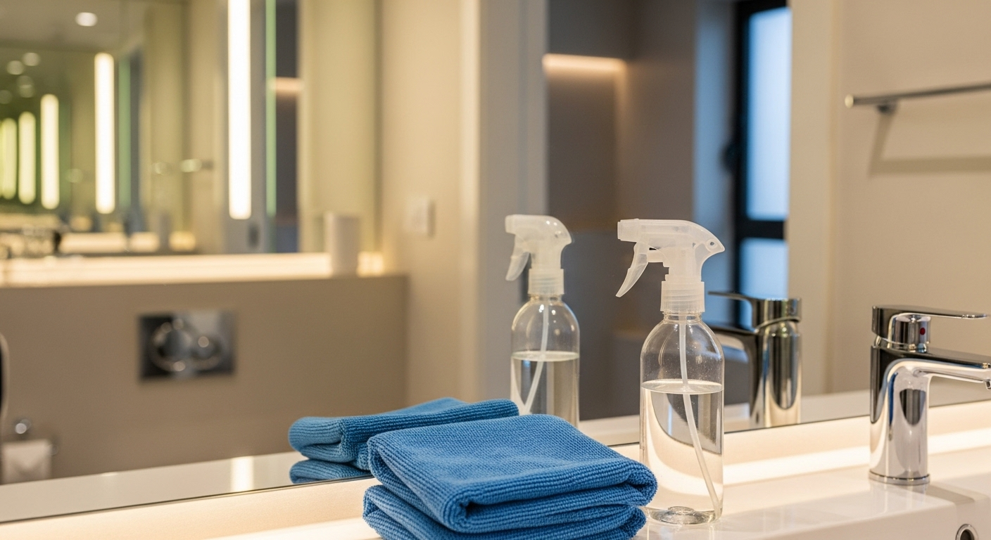 Gương sáng bóng, không vệt trong phòng tắm hiện đại, cùng khăn microfiber và bình xịt chuẩn bị cho cách lau gương sạch sáng bóng.