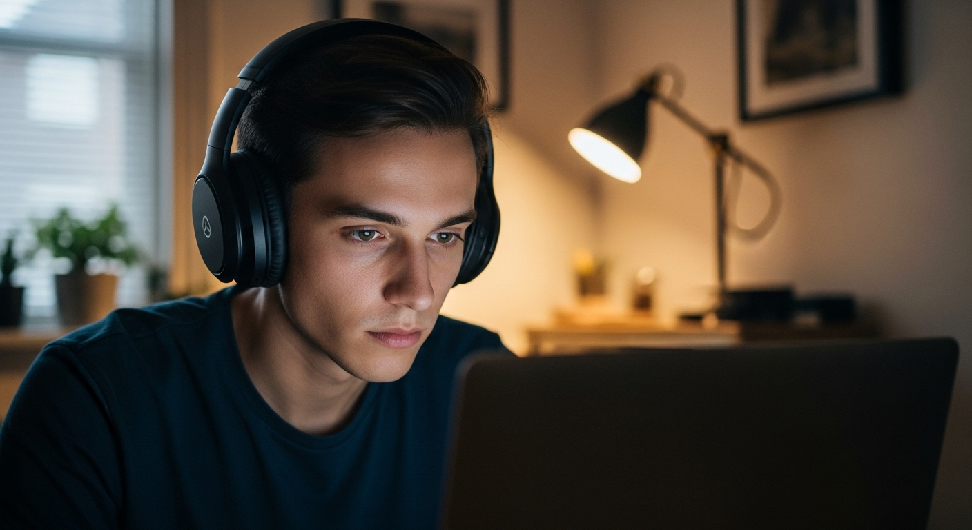 Người đeo tai nghe chống ồn tập trung làm việc trên laptop trong không gian nhà tĩnh lặng, minh họa việc làm việc tại nhà hiệu quả.