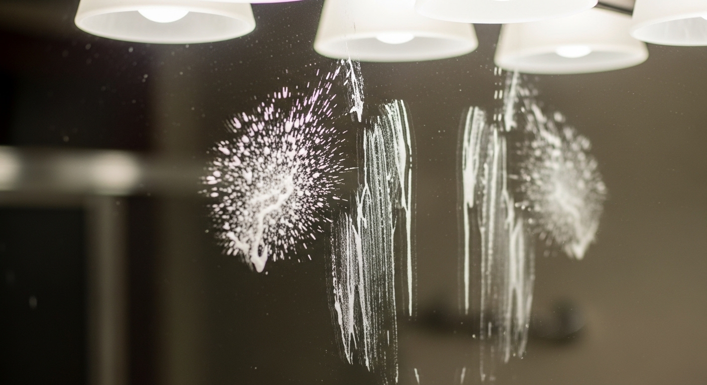 Gương nhà tắm bám đầy vết kem đánh răng khô và cặn xà phòng, minh họa rõ ràng nhu cầu tìm cách làm sạch gương nhà tắm hiệu quả. Gương nhà tắm bám đầy vết kem đánh răng khô và cặn xà phòng, minh họa rõ ràng nhu cầu tìm cách làm sạch gương nhà tắm hiệu quả.