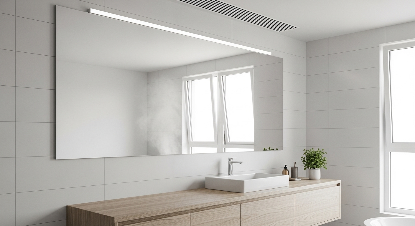 Phòng tắm hiện đại với gương lớn sạch bóng, tràn ngập ánh sáng tự nhiên và không khí trong lành, minh chứng cho cách làm sạch gương nhà tắm hiệu quả.