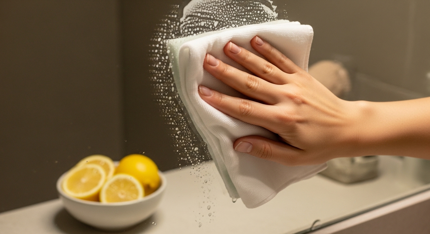 Tay đang dùng khăn sạch lau gương nhà tắm, chanh tươi ở hậu cảnh gợi ý phương pháp vệ sinh tự nhiên.