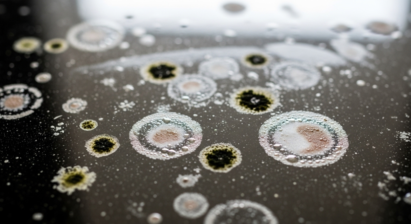 Cận cảnh mặt gương bẩn với vết nước cứng đầu hình tròn, đốm ố mốc và dấu vân tay mờ, nhấn mạnh nhu cầu tìm cách lau gương sạch hiệu quả. Cận cảnh mặt gương bẩn với vết nước cứng đầu hình tròn, đốm ố mốc và dấu vân tay mờ, nhấn mạnh nhu cầu tìm cách lau gương sạch hiệu quả.