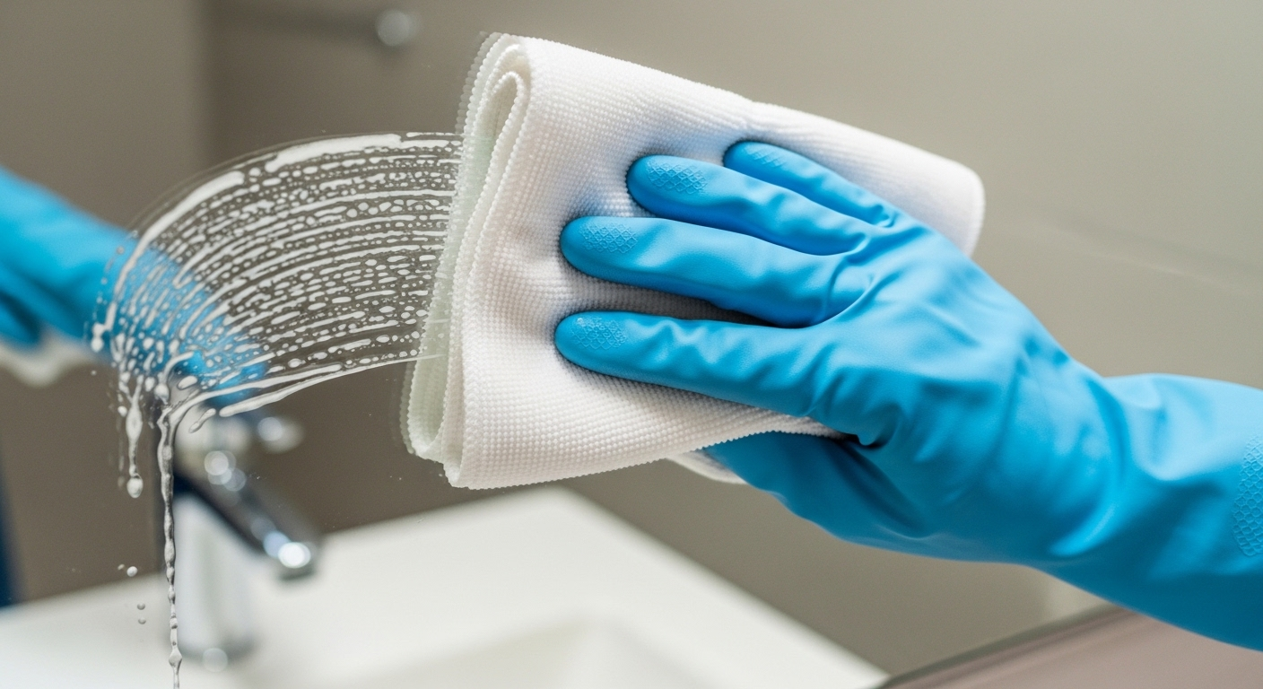 Một bàn tay đeo găng cao su xanh đang dùng khăn microfiber lau sạch dung dịch trên gương nhà tắm, tạo vệt trong rõ rệt. Đây là một bước quan trọng trong cách làm sạch gương nhà tắm.