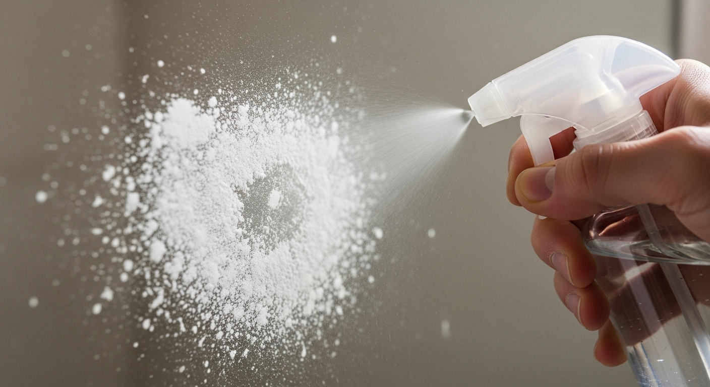 Gương nhà tắm bị cặn nước cứng đang được xịt dung dịch vệ sinh, minh họa cách làm sạch gương nhà tắm hiệu quả.