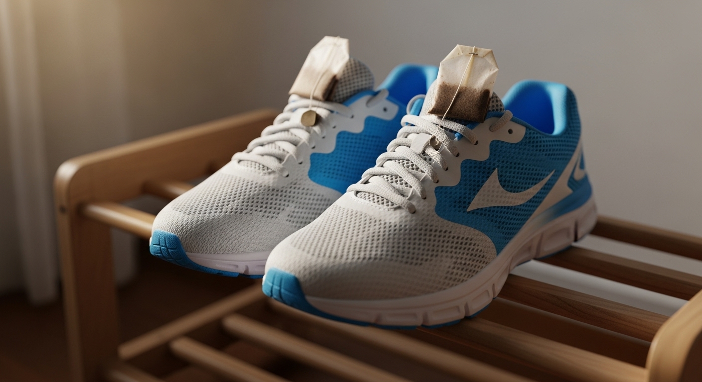 Giày thể thao sạch sẽ trên giá, túi trà khô bên trong là mẹo vặt gia đình giúp khử mùi và hút ẩm hiệu quả.