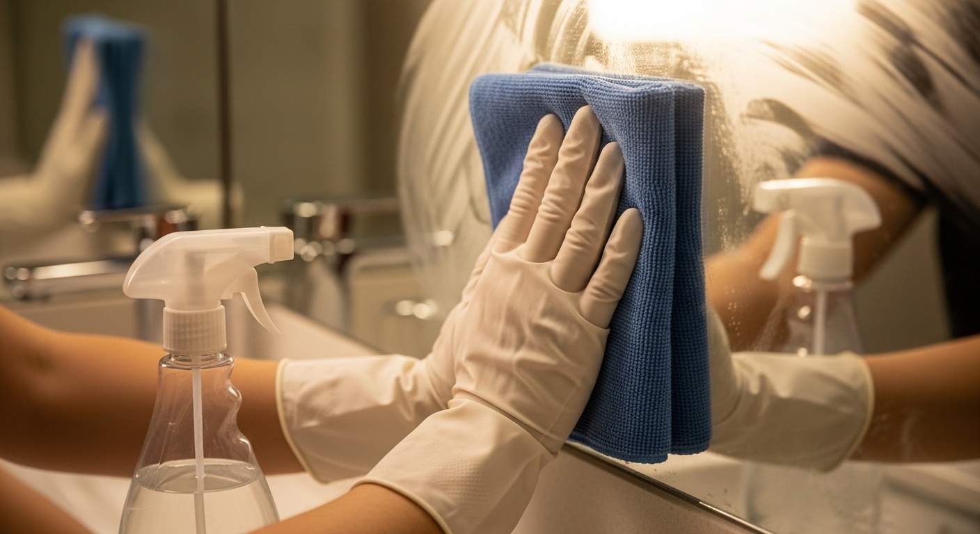 Đôi tay đeo găng nhẹ nhàng dùng khăn microfiber và dung dịch chuyên dụng lau gương, minh họa cách làm sạch gương trong nhà tắm để có bề mặt sáng bóng không tì vết.