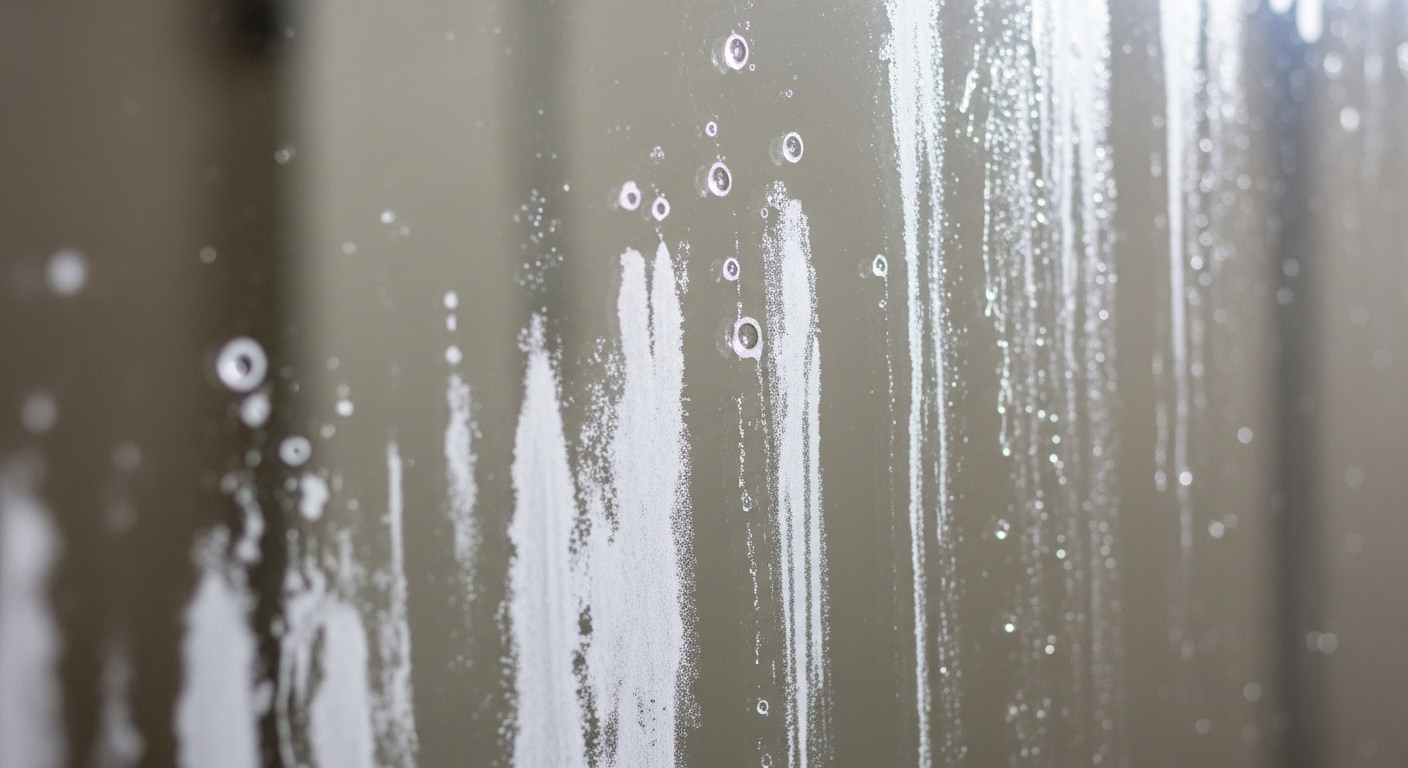 Cận cảnh gương nhà tắm bị ố trắng bởi cặn nước cứng và vệt khoáng rõ rệt, nhấn mạnh nhu cầu về mẹo làm sạch gương nhà tắm hiệu quả. Cận cảnh gương nhà tắm bị ố trắng bởi cặn nước cứng và vệt khoáng rõ rệt, nhấn mạnh nhu cầu về mẹo làm sạch gương nhà tắm hiệu quả.