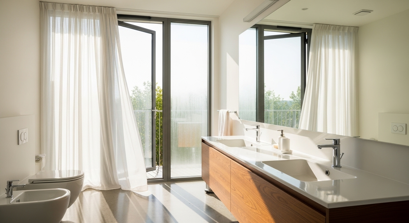 Gương phòng tắm hiện đại sáng rõ trong không gian thoáng đãng đón nắng, minh họa giải pháp hiệu quả cho vấn đề gương phòng tắm bị mờ nhờ thông gió tự nhiên.