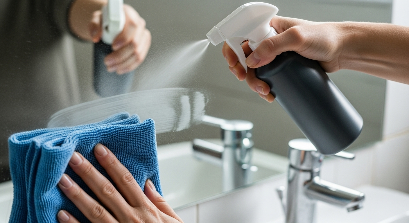 Cận cảnh tay dùng bình xịt và khăn microfiber mềm lau sạch gương phòng tắm, minh họa cách vệ sinh gương phòng tắm không tì vết.