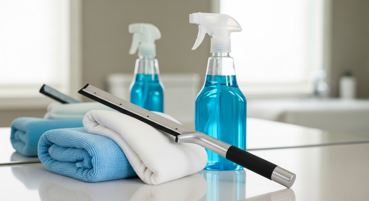 Bộ dụng cụ cần thiết cho cách vệ sinh gương phòng tắm bao gồm hai khăn microfiber mềm, bình xịt và cây gạt nước, được sắp xếp gọn gàng trên mặt bàn phòng tắm màu sáng. Bộ dụng cụ cần thiết cho cách vệ sinh gương phòng tắm bao gồm hai khăn microfiber mềm, bình xịt và cây gạt nước, được sắp xếp gọn gàng trên mặt bàn phòng tắm màu sáng.