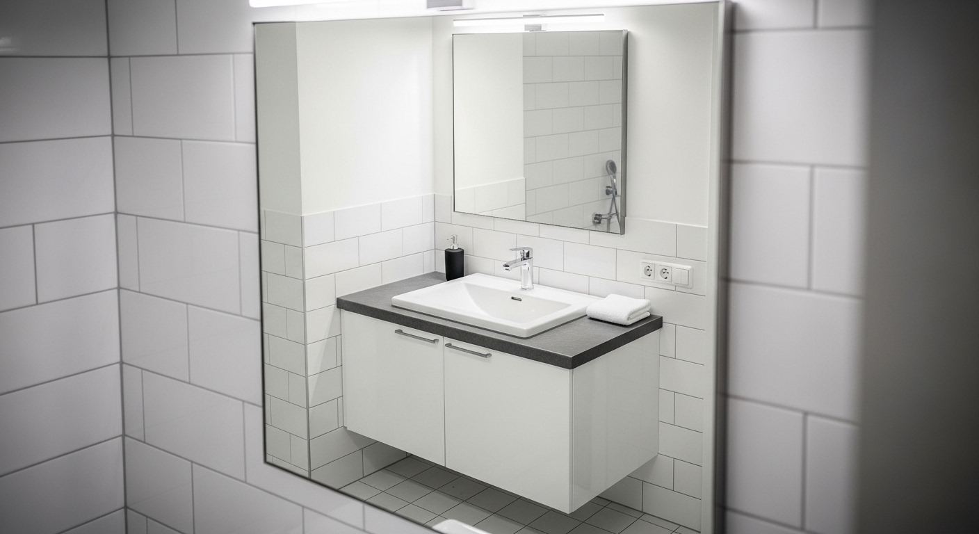 Gương phòng tắm sạch bóng, không tì vết, phản chiếu rõ nét nội thất hiện đại màu trắng, là kết quả lý tưởng sau khi làm sạch gương bị mốc đúng cách.