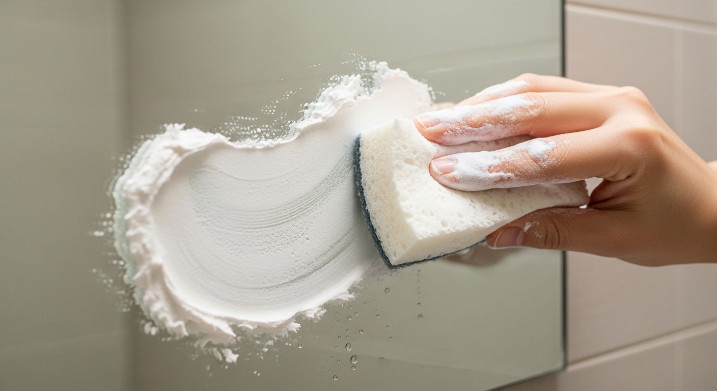 Miếng bọt biển mềm đang thoa hỗn hợp baking soda và nước lên vết ố mờ trên gương nhà tắm, minh họa cách tẩy vết ố trên gương nhà tắm hiệu quả.
