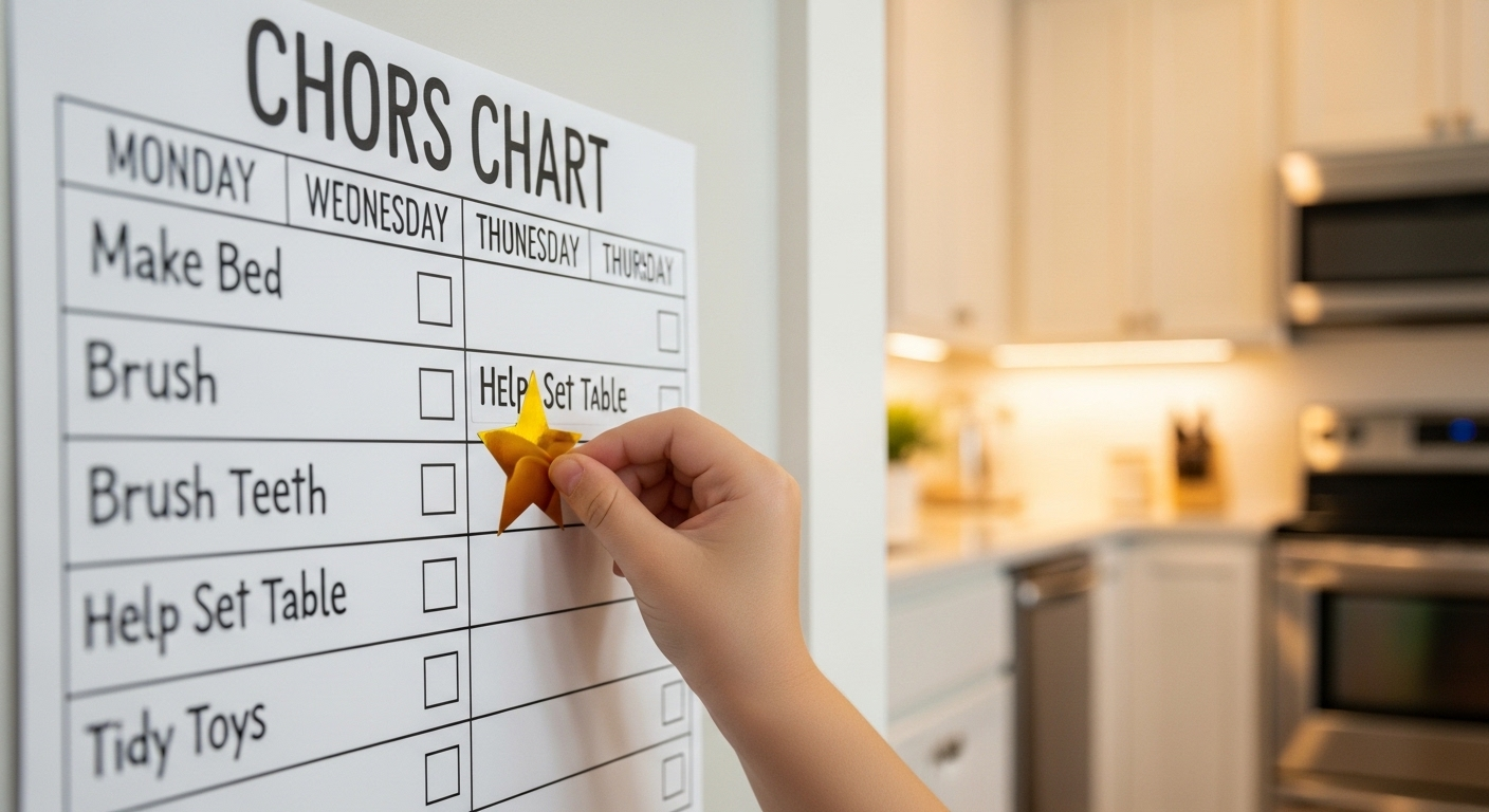 Bảng việc nhà rực rỡ trong bếp hiện đại, tay trẻ 7 tuổi dán sao vào nhiệm vụ đã hoàn thành, minh họa cách khuyến khích con làm việc nhà hiệu quả.