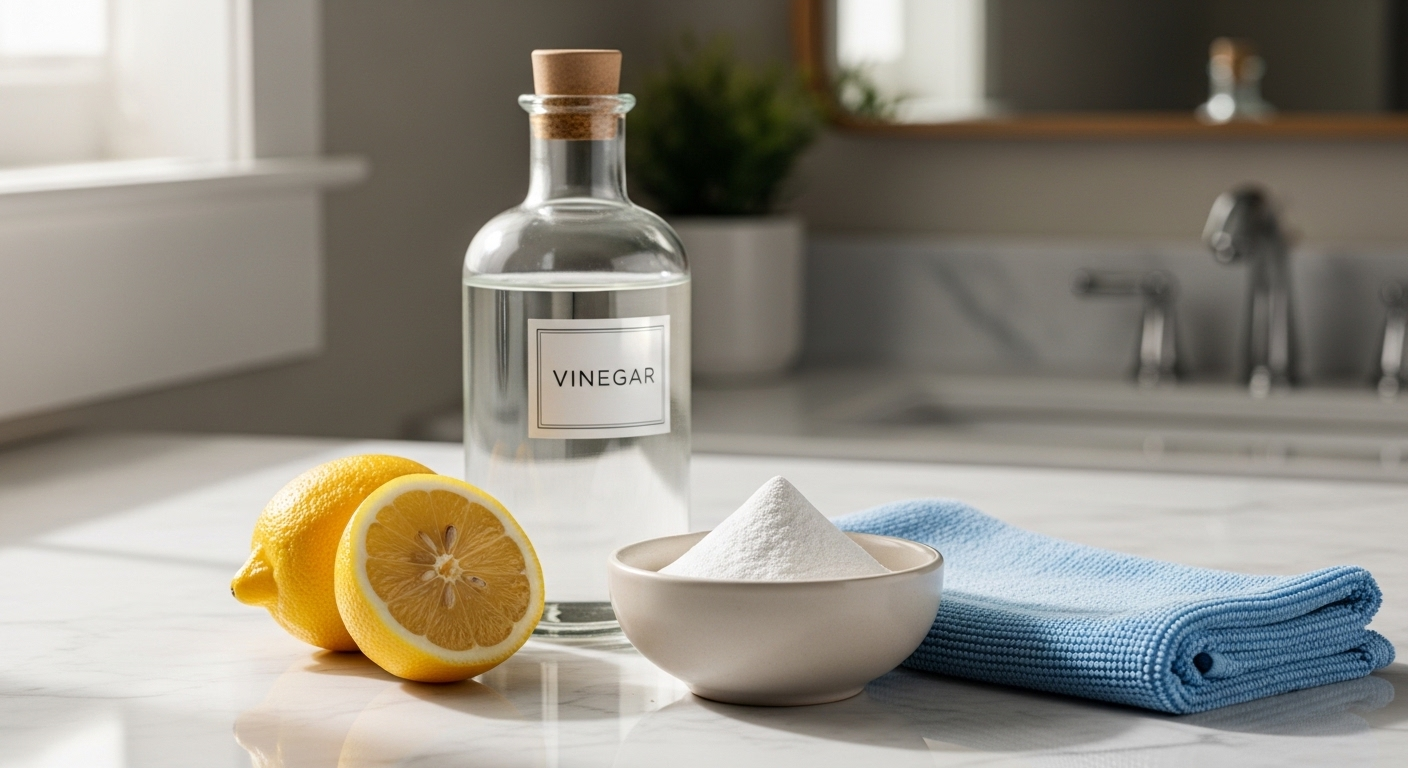 Các nguyên liệu tẩy rửa tự nhiên gồm chanh tươi, bột baking soda, giấm trắng và khăn microfiber trên bàn phòng tắm, gợi ý cách khắc phục gương phòng tắm bị mờ hiệu quả.