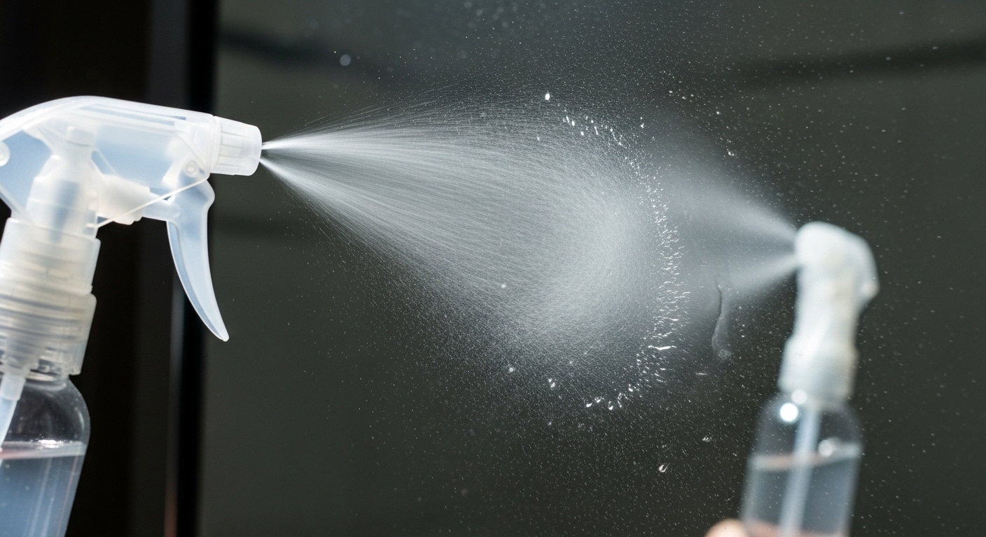 Chai xịt trong suốt đang phun sương dung dịch làm sạch lên gương phòng tắm có vệt bẩn nhẹ, minh họa cách làm sạch gương trong phòng tắm hiệu quả để có bề mặt sáng bóng.